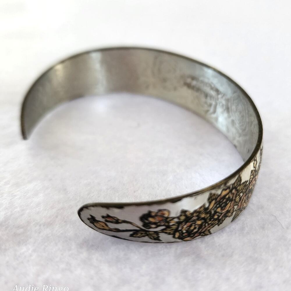 Reed & Barton Damascene Rose Cuff Bracelet Gold Tone Floral Vintage - Picture 3 of 9